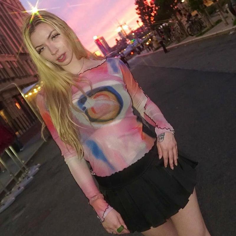 Сексуальные женские сетчатые футболки, прозрачная футболка с буквенным принтом и круглым вырезом, прозрачная футболка с длинными рукавами, женские топы