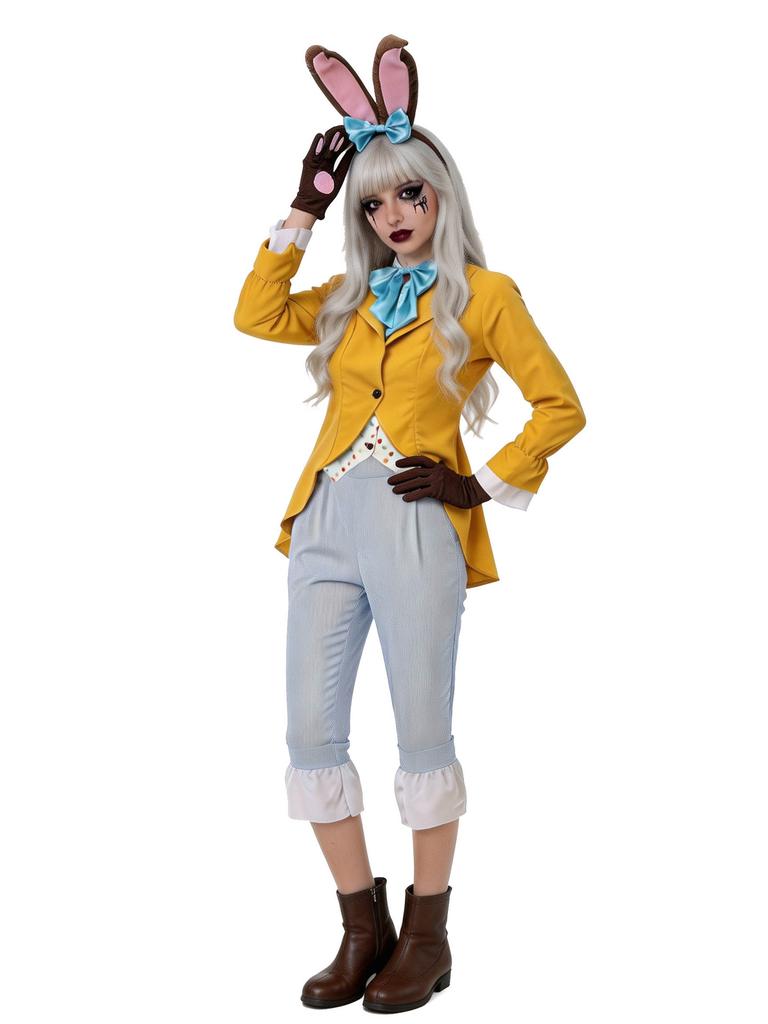 Alice in Wonderland March Hare Cosplay Costume, Halloween Role Play Fairy Tale Party Stage Performance Outfit for Adults Kids