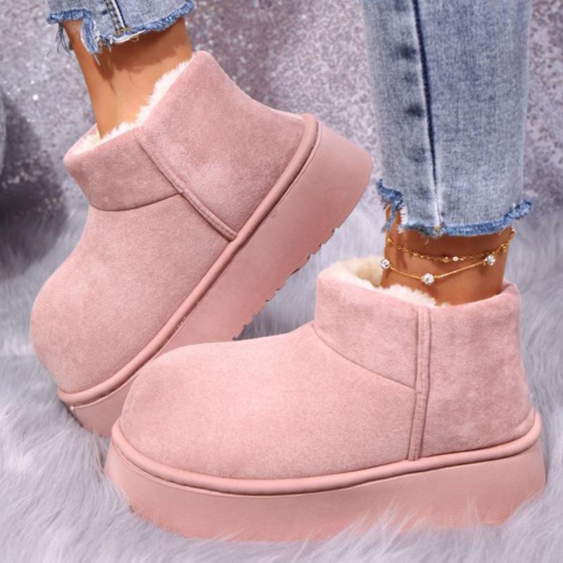 Fashion Sweet Pink Faux Suede Snow Boots Women Winter Warm Short Plush Ankle Boots Woman Korean Non Slip Platform Booties Female