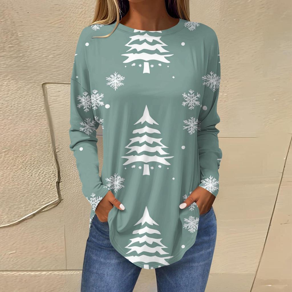 Футболки для женщин, осенние повседневные рубашки с длинными рукавами, толстовка с ретро-принтом, топ для рождественской вечеринки, пуловер
