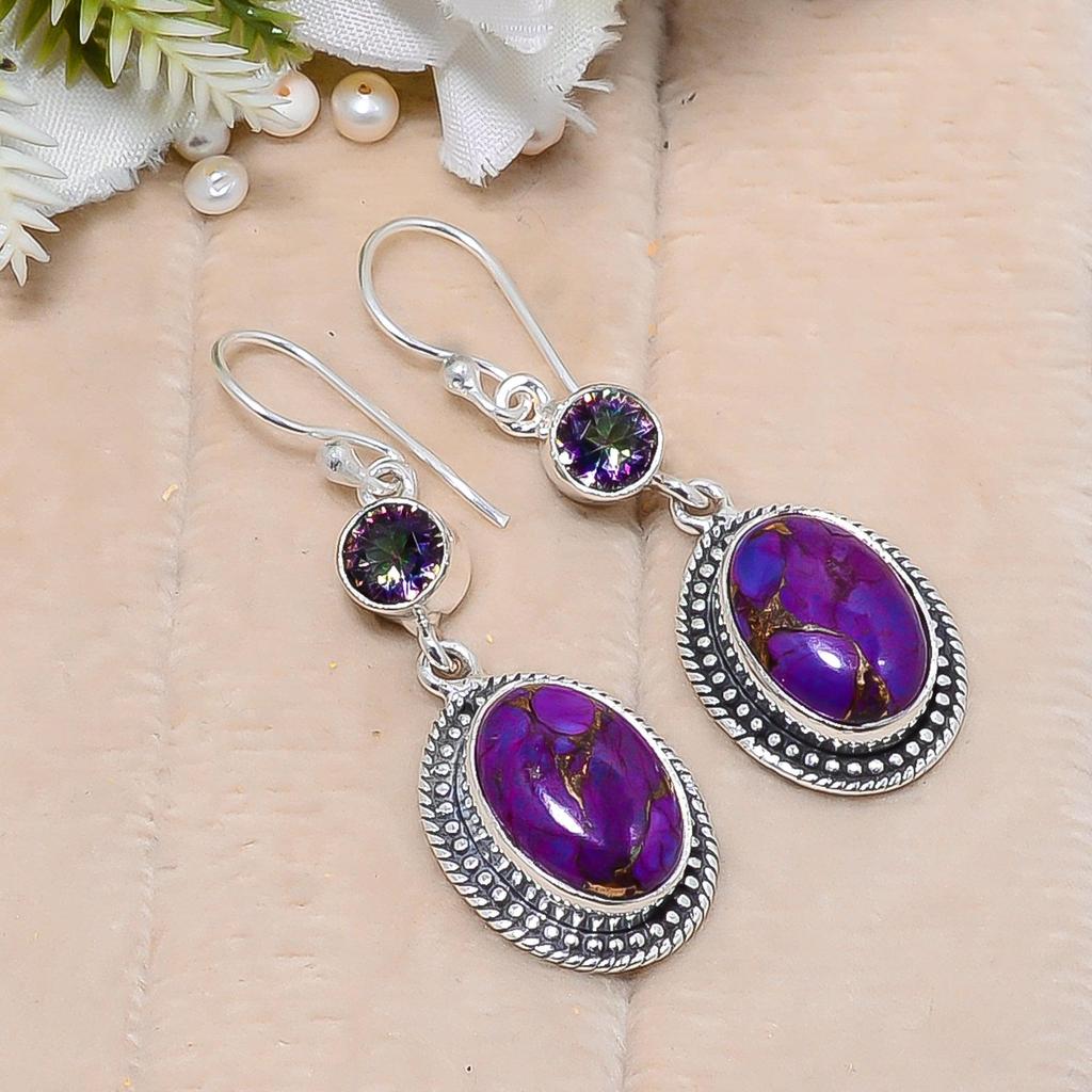 Copper Purple Turquoise Gemstone 925 Solid Sterling Silver Earrings Beautiful Earring For Wedding Gift