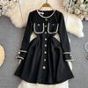 New Autumn Women Vintage Black Long Sleeve Button Mini Short Party Dresses