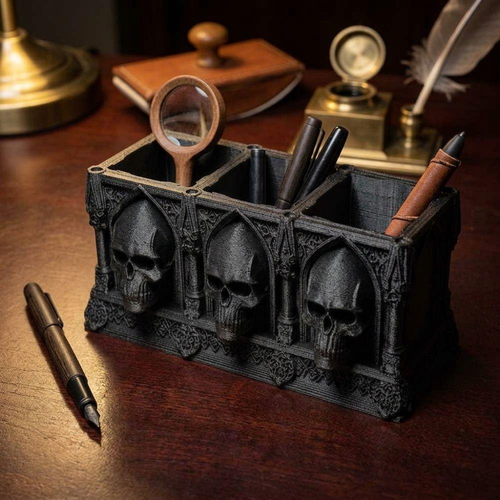 Коробка для кистей для макияжа с 3 отделениями в виде черепа 3D-печатный цветочный горшок-скелет Настольный для помещений