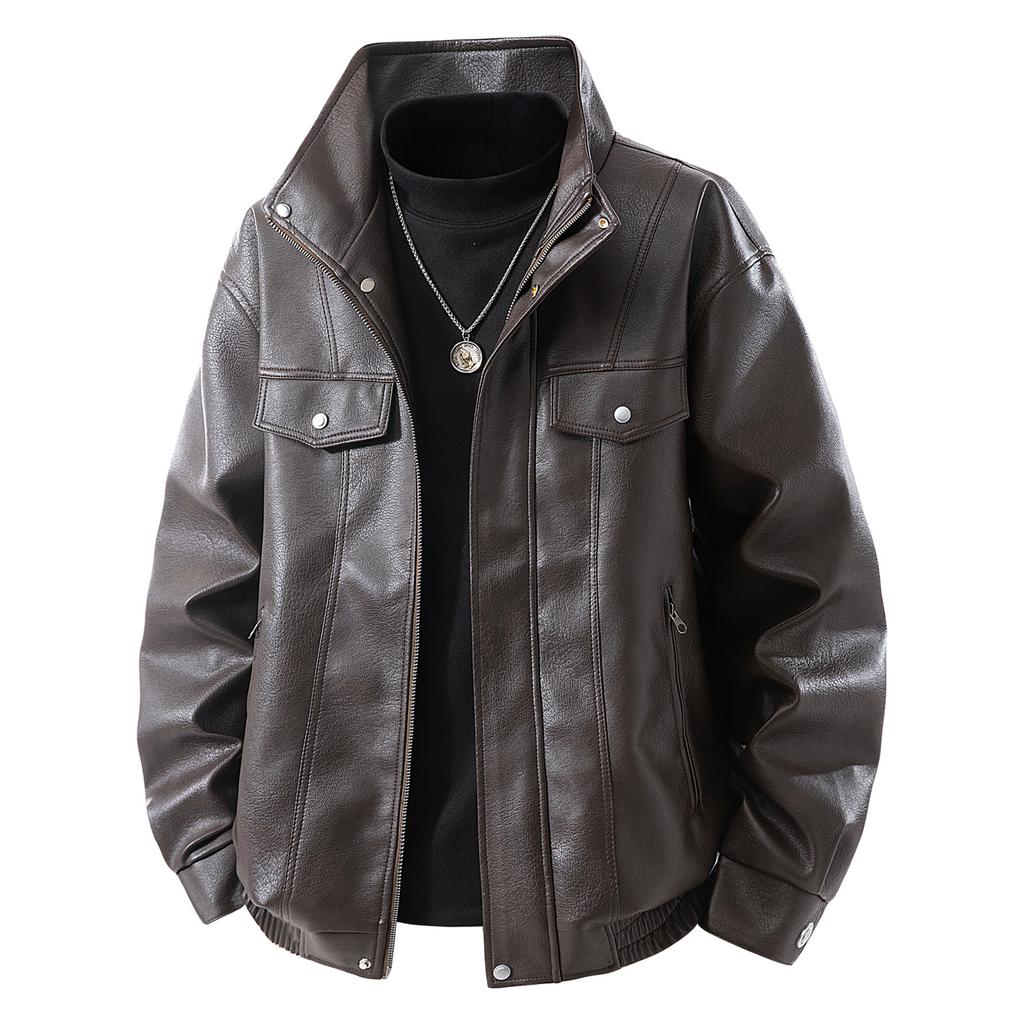 American retro PU leather jacket men's winter loose trendy brand thick large size jacket top men's autumn and winter coat