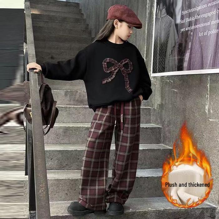 Модный клетчатый брючный костюм для девочек и толстовка с бантом - Осень/Зима 2025