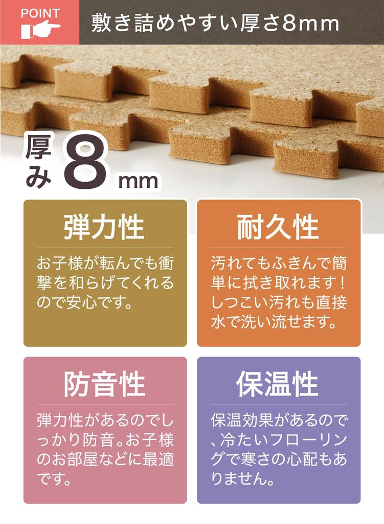 CB JAPAN Составные коврики [Звукоизоляция и амортизация] Натуральная пробка, мелкая зернистость, 30 x 30 см, Набор из 8 шт., Мягкие пробковые коврики