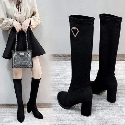 Женские ботфорты, ботильоны, ботинки средней высоты, ботинки на высоком каблуке, длинные женские ботинки, осенне-зимние ботинки на толстом каблуке, тонкие ботинки с высокой эластичностью