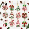Country Style Christmas Tree Ornaments 12/24/36 Pcs Wooden Set, Red Green Striped Candy Cane Retro Holiday Hanging Tags Decorations, Xmas Wood Cutouts
