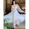 Elegant Maxi Dresses For Women White Off Shoulder Puff Long Sleeve Elastic High Waist Party Gown Ruffle Holiday Dress