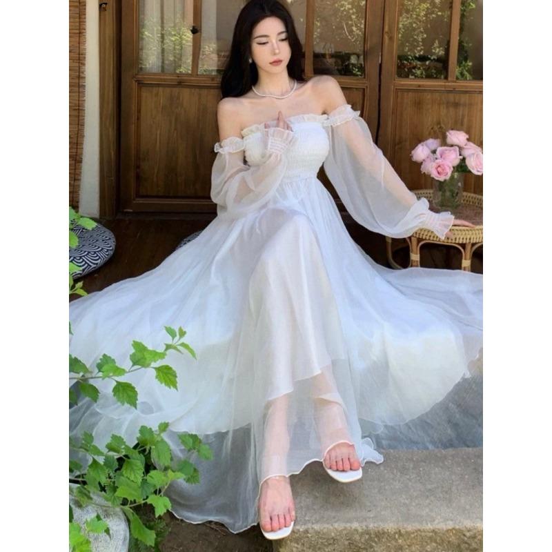 Elegant Maxi Dresses For Women White Off Shoulder Puff Long Sleeve Elastic High Waist Party Gown Ruffle Holiday Dress