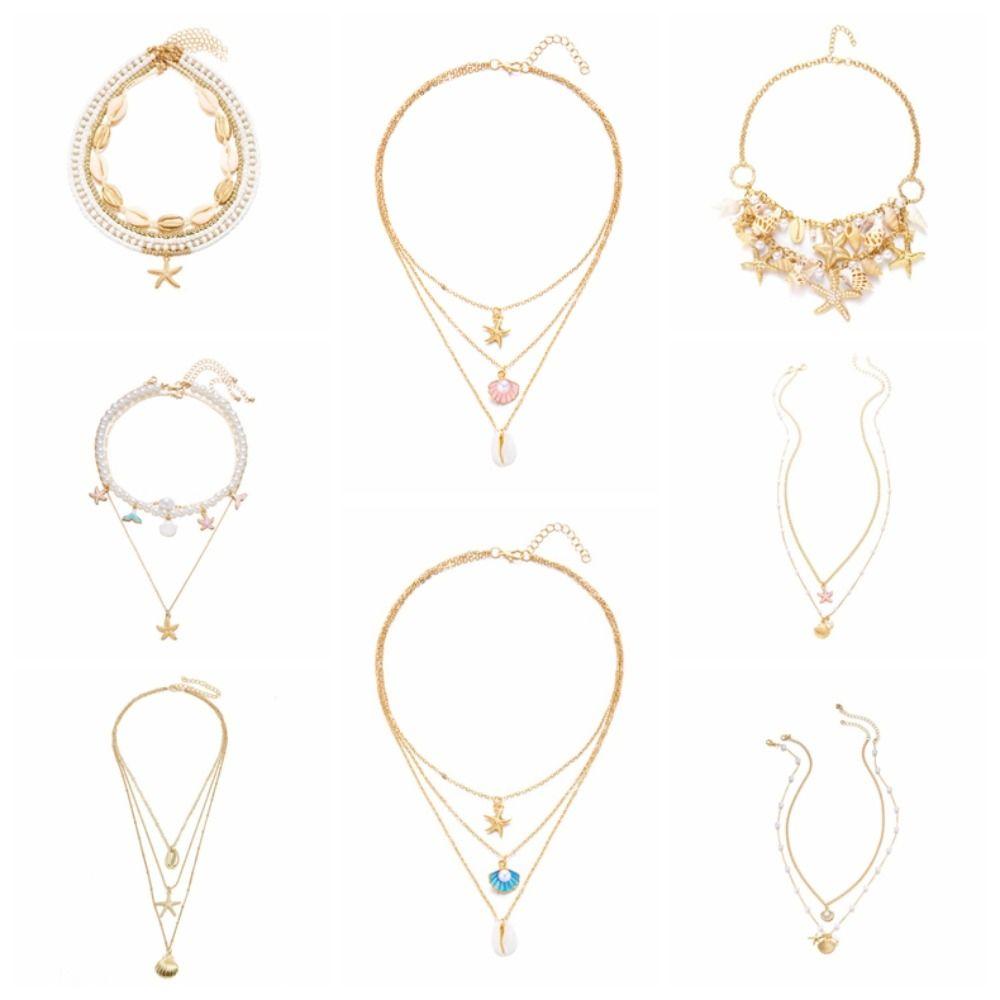 Pearl Shell Multilayer Necklace Conch Starfish Choker Trendy Shell Clavicle Necklace  Gifts