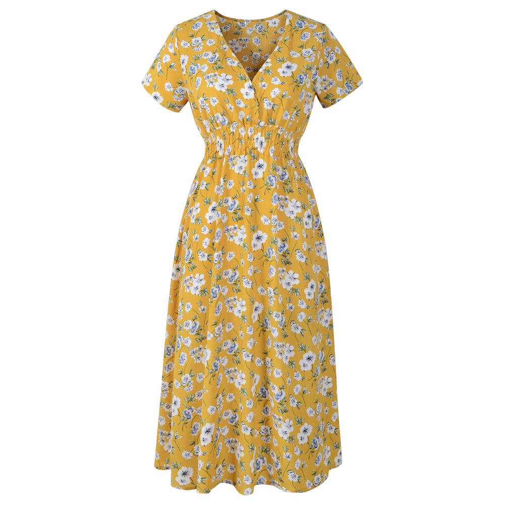 Новейшее женское летнее платье с коротким рукавом и цветочным принтом, платье с v-образным вырезом, шифоновое пляжное платье