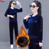Women's Winter Plush Lined 2 Piece Sets Warm Tops Ensemble High Waist Ankle Length Straight Pant Suits Solod Color Thick Velvet Outfit