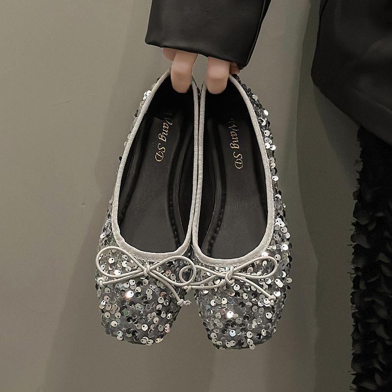 Summer Square Toe Shallow Toe Flat Heel Sequined Women's Bean Shoes