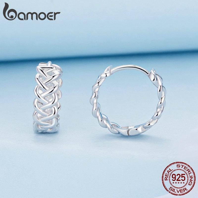 Bamoer Серьги-кольца из стерлингового серебра 925 пробы с ажурным узором, переплетенные, витые, для женщин, модные, тонкие ювелирные изделия