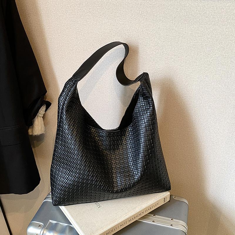 Women Woven Texture Hobo Tote Bag, Large Capacity Solid Color Underarm Shoulder Bag With Small Pouch