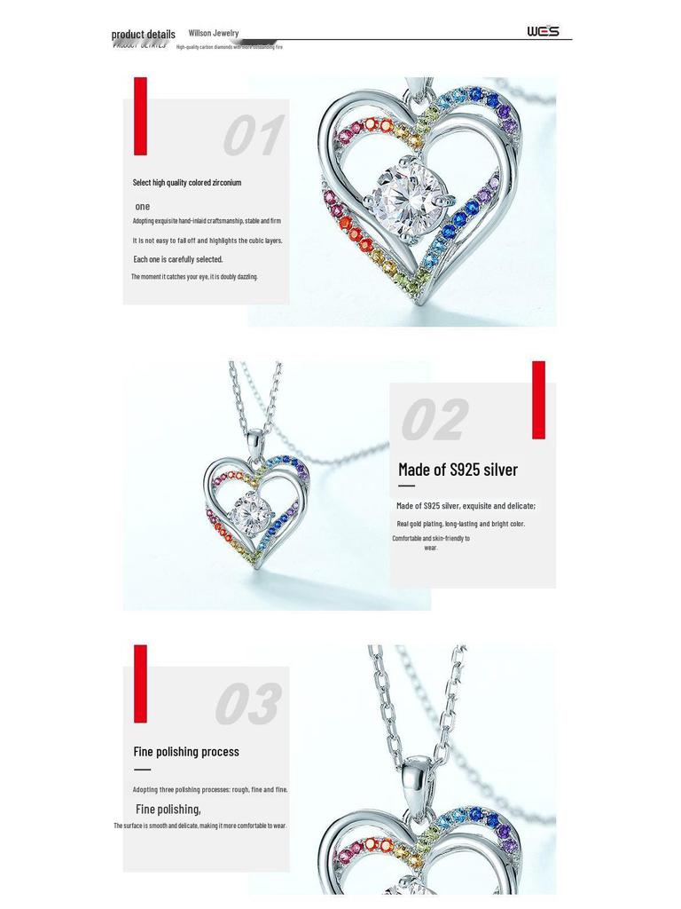 Rainbow Heart Pendant S925 Silver Ocean Heart Clavicle Chain - European & American Fashion