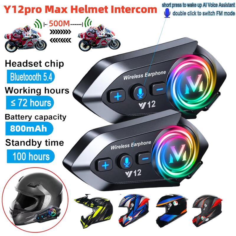 Y12 500M Two Rider Wireless Bluetooth 5.4 Motorcycle Helmet Headphone IPX6 Waterproof 800mAh Noise Canceling RGB Color FM Radio Headset
