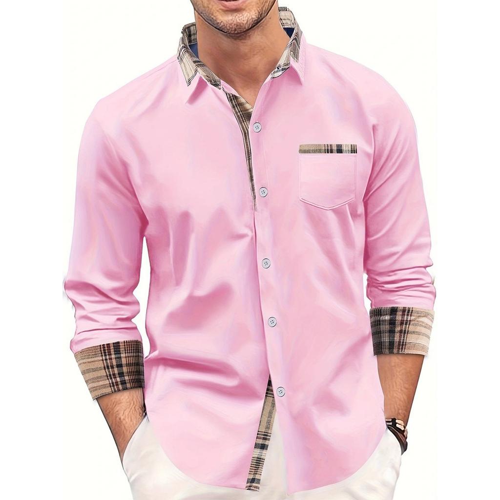 Мужская осенняя рубашка свободного покроя с длинным рукавом в клетку с цветными блоками на пуговицах