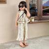 Kids Girls Clothing Set Summer Seaside Vacation Printed Pleated Vest and Cropped Wide Leg Pants Two-piece Set