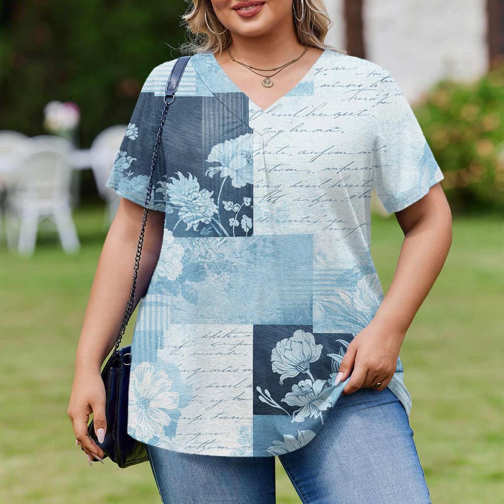 Женская модная повседневная свободная блузка большого размера с коротким рукавом, элегантная с V-образным вырезом, для работы