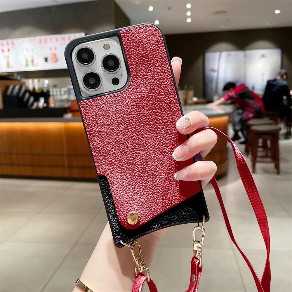 Чехол-кошелек через плечо для iPhone 16E 16 15 14 Plus 13 12 11 Pro Max, кожаный чехол с держателем для карт, шнурком и ремешком