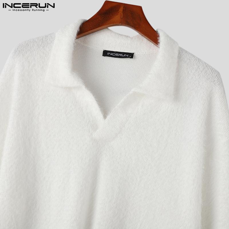 INCERUN Autumn Winter Men Lapel V Neck Long Sleeve Fleece Sweaters Warm Pullovers