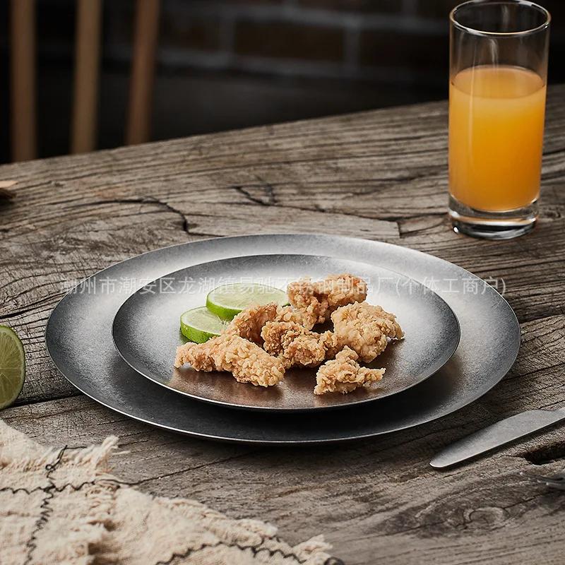 Vintage Industrial Style Metal Dinner Plate Stainless Steel Outdoor Camping Western Food Plates French Restaurant Bone Dish