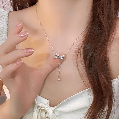Цепочка на ключицу Xiaoxiangfeng, французская легкая, роскошная, сладкая, с каплями воды, циркониевый бант, полное бриллиантовое ожерелье, персонализированная, изысканная, цепочка для свитера