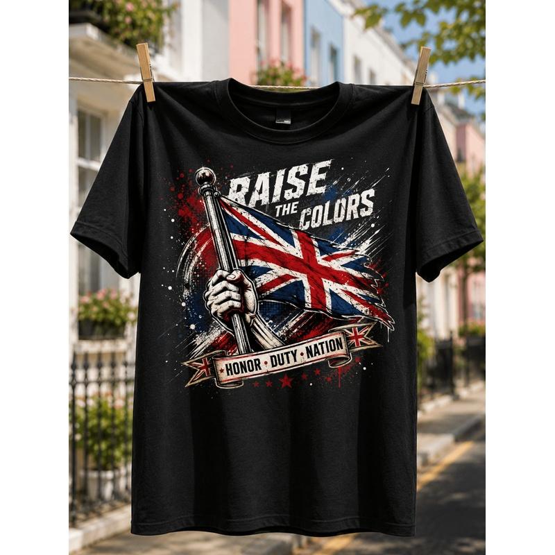 Raise The Colors Honor Duty Nation T-Shirt, Grunge Patriotic UK Fla-g Pride with Union Jack, Paint Splashes, Ribbon and Stars, Retro Fan Style