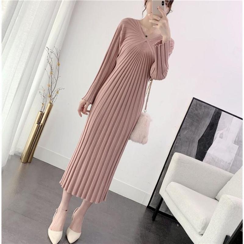 Woolen Over Dress Long The Knee 2023 New Autumn And Winter Waistband Slimming Vneck Ankle Bottom Knit Pullover
