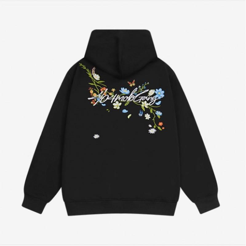 Unisex Oversized Hoodie With Floral Embroidery Retro Streetwear Cotton Blend Sweatshirt