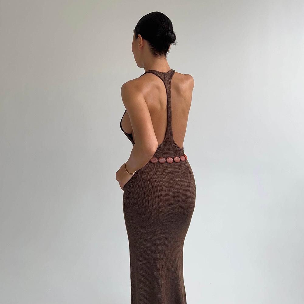 Neck knitted long dress, European and American summer new women's sleeveless hip-wrapped fishtail skirt T-back dress