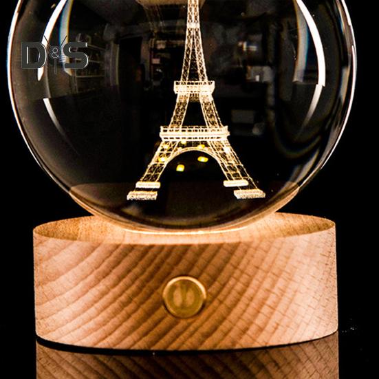 3D прозрачный шарообразный светильник, искусственный хрустальный шар, ночник с деревянной основой, работающий от USB, для декора спальни, гостиной