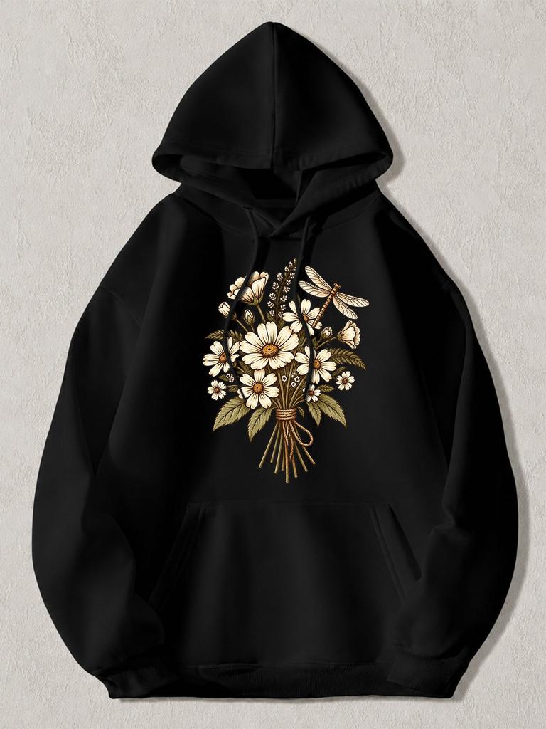 Black Pullover Hoodie with Vintage Floral Bouquet And Dragonfly Print Long Sleeve Sweatshirt with Kangaroo Pocket for Casual Daily