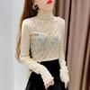 Soft High Neck Mesh Base Shirt for Women In Autumn and Winter with Thin Transparent Gauze and Black Fungus Edges Long Sleeved and Stylish Lace Top