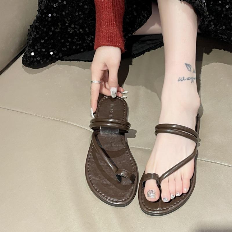 Мода 2024 года, брендовая женская обувь, базовые женские тапочки, уличные пляжные тапочки, женские сандалии с круглым носком и узким ремешком на плоской подошве с наперстком