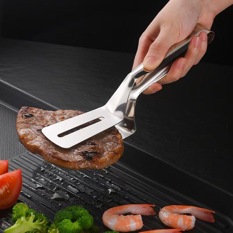 Food Grade 304 Stainless Steel Tong Non-Slip Grip Heat Resistant Fish BBQ Multi-Purpose Kitchen Turner Tool