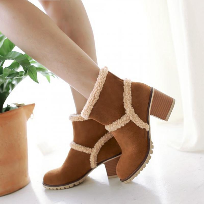 Теплые ботильоны женские из флока Зимние зимние сапоги женские туфли на высоком каблуке bota feminina de inver Обувь botas mujer