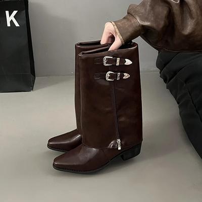 Панк женские гладиаторские высокие сапоги модные зимние новые остроносые трендовые женские туфли 2025 года до середины голени массивные дизайнерские мотоциклетные сапоги