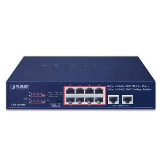 8 Port PoE 2 Port Desktop Switch PLANET GSD-1008HP 10/100/1000T 802.3at 10/100/1000T
