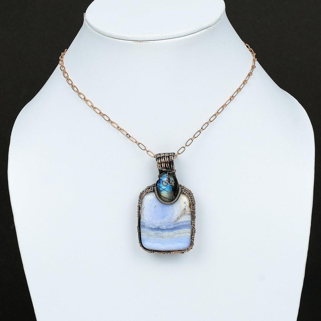 Синий кружевной кулон с агатом, медная проволока, кулон, ювелирные изделия из лабрадорита ручной работы, подарок для матери, драгоценный камень, проволока, ювелирные изделия, кулон с камнем