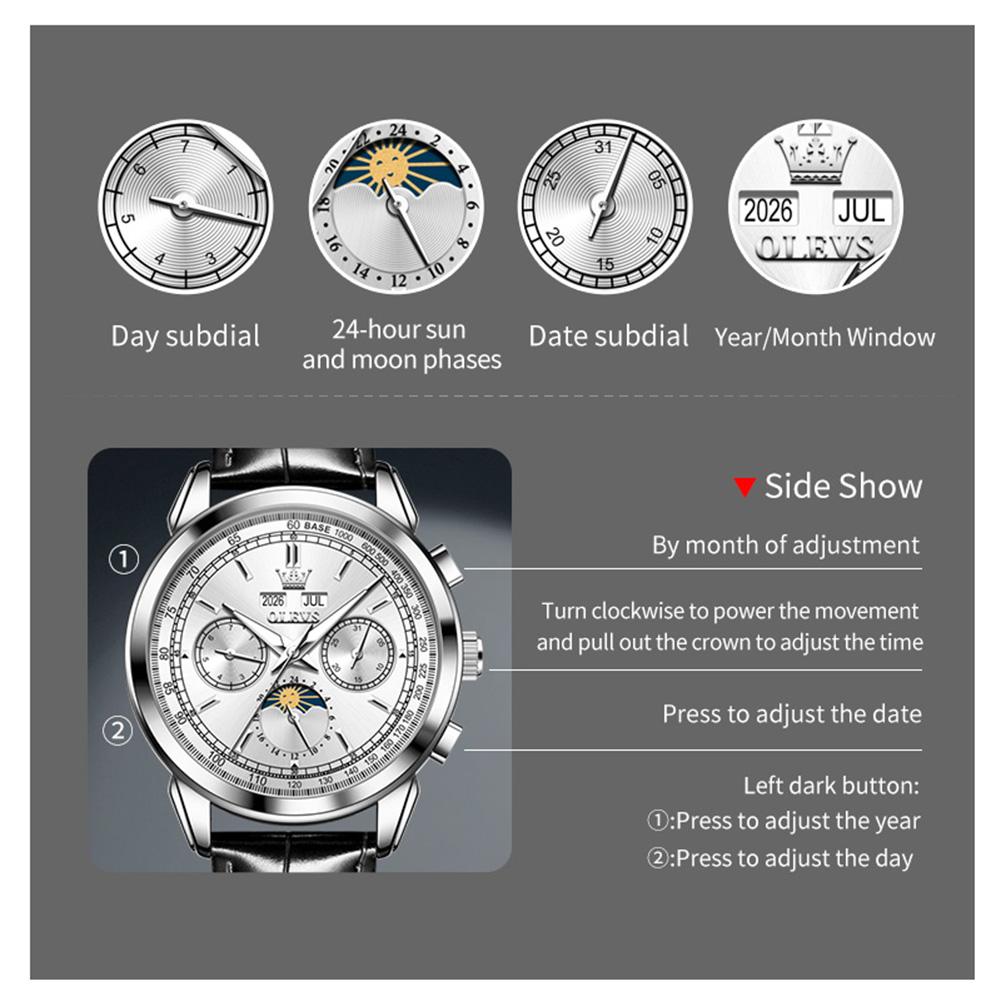 OLEVS Mens Watch Luxury Mechanical Watch Leather Strap Waterproof Perpetual Calendar Moon Phase Watches For Man Gifts 7117