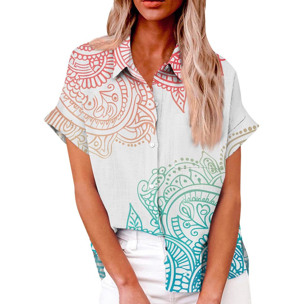 Женская модная свободная повседневная рубашка с коротким рукавом и отворотом на пуговицах, футболка с принтом, топ