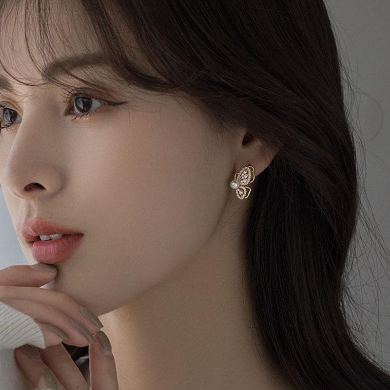 Французские жемчужные серьги-гвоздики женские нишевые легкие роскошные ретро серьги бабочки бриллиантовые серьги-гвоздики женские серьги