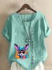 Women's Fashion Colorful Rabbit Print Round Neck Short Sleeve T-shirt Summer Casual Cotton Linen Graphic Shirt Leisure Loose Blouse Tops