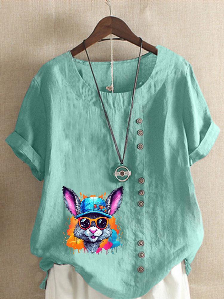 Women's Fashion Colorful Rabbit Print Round Neck Short Sleeve T-shirt Summer Casual Cotton Linen Graphic Shirt Leisure Loose Blouse Tops
