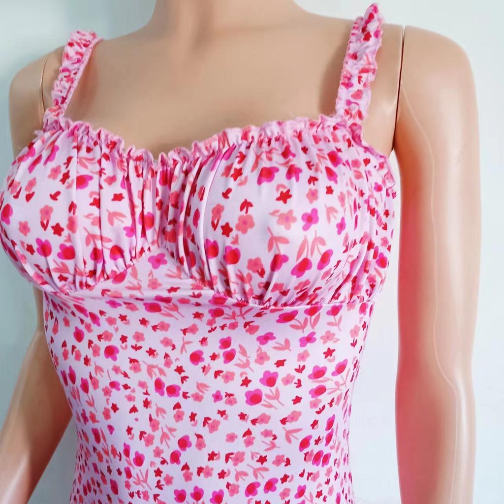 Мини-платье с разрезом на подтяжках и цветочным принтом, тонкое платье без рукавов в пляжном стиле, платье на тонких бретельках, женская одежда