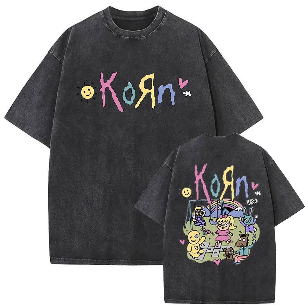 Washed Vintage Rock Band Korn Sick Twisted Tour 2000 Tshirts Male Alternative Nu Metal Music Tshirt Mens Oversized T Shirts