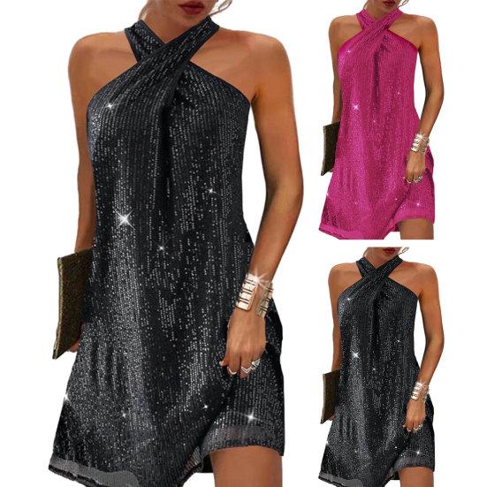 Женское платье с блестящими блестками с открытыми плечами без рукавов с перекрестной лямкой на шее, свободное трапециевидное платье со свободным подолом, однотонное мини-платье для выпускного вечера, вечернее платье
